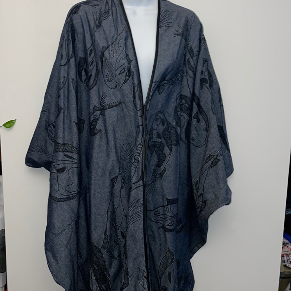 NWT Carmen Rion blue denim poncho cap with fish embroidery and front pockets